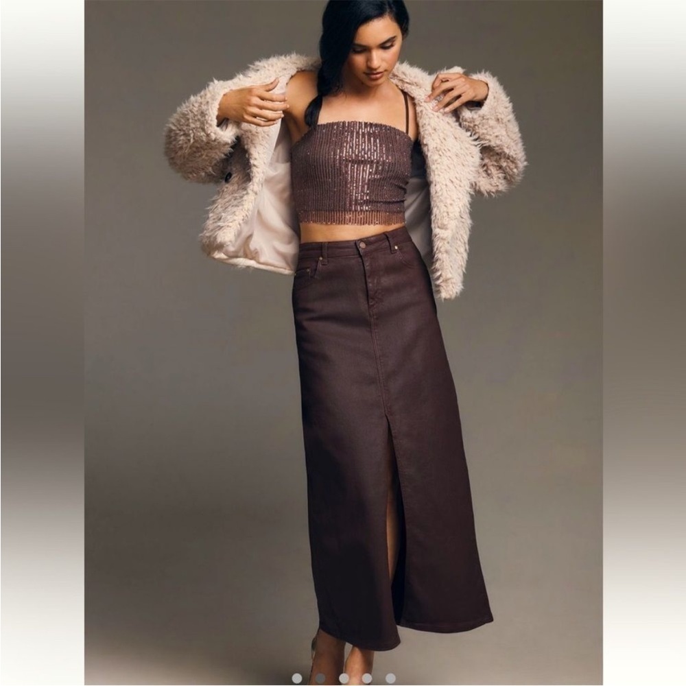 NWT Anthropologie Burgundy Madi Front Slit Coated Denim Skirt Size 14